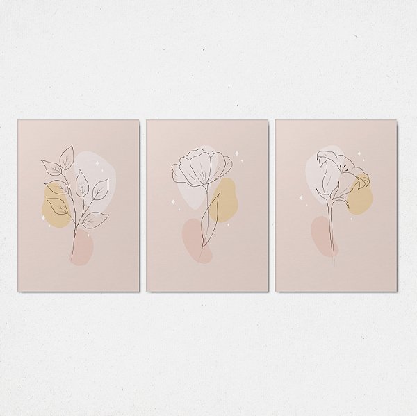 Trio Quadro Canvas Flores Traçado