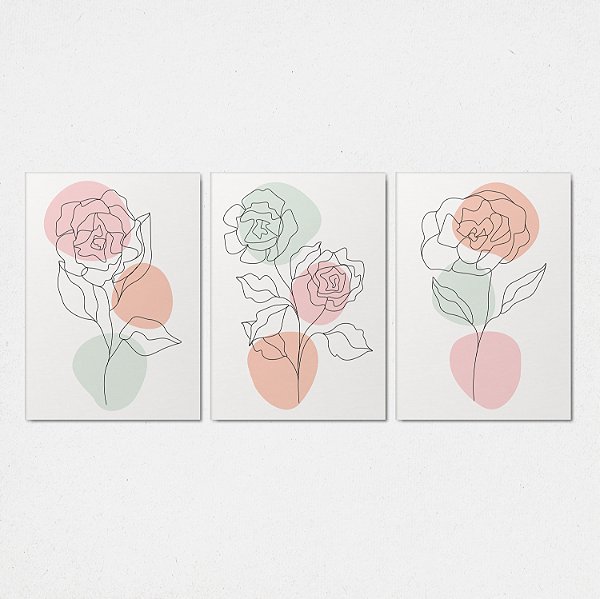 Trio Quadro Canvas Rosas Minimalistas