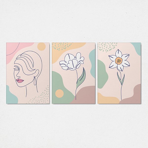 Trio Quadro Canvas Flor Branca
