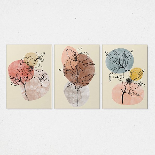 Trio Quadro Canvas Abstrato Flores