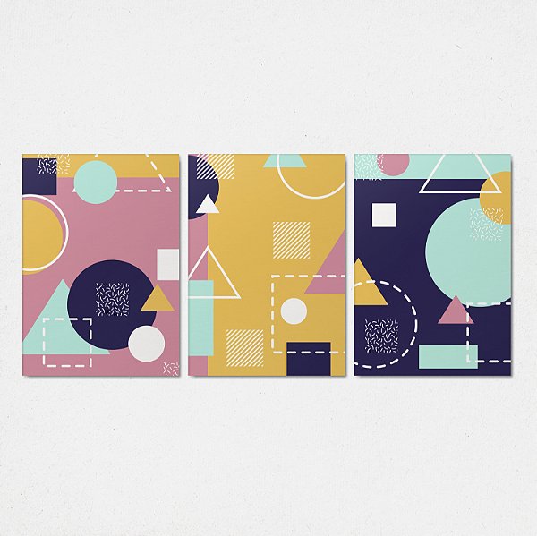 Trio Quadro Canvas Geométrico Cores