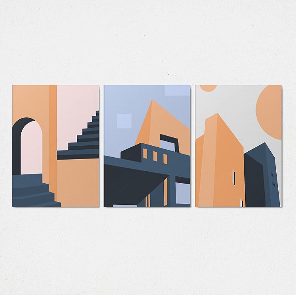 Trio Quadro Canvas Abstrato Cidade