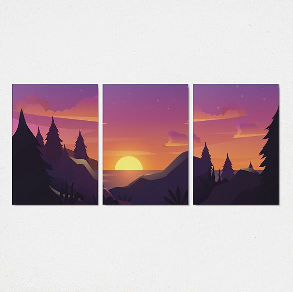 Trio Quadro Canvas Abstr Por do Sol