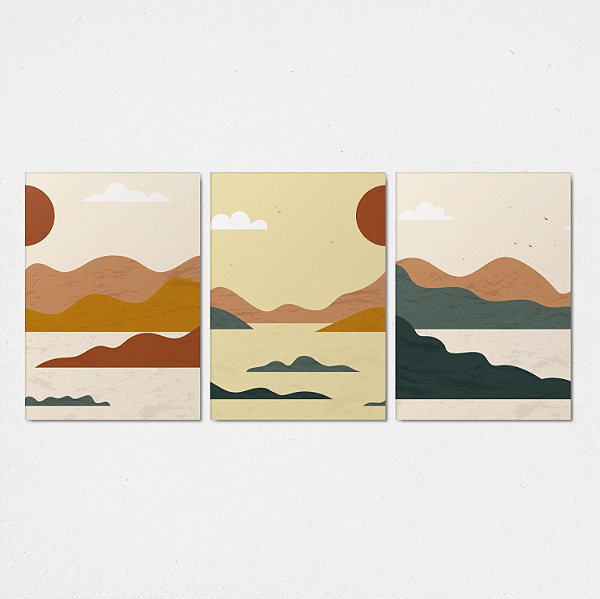 Trio Quadro Canvas Abstrato Ilhas