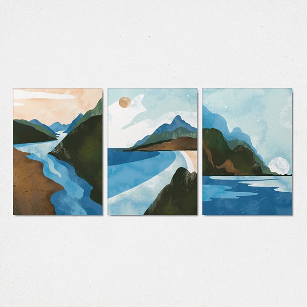 Trio Quadro Canvas Paisagens Água