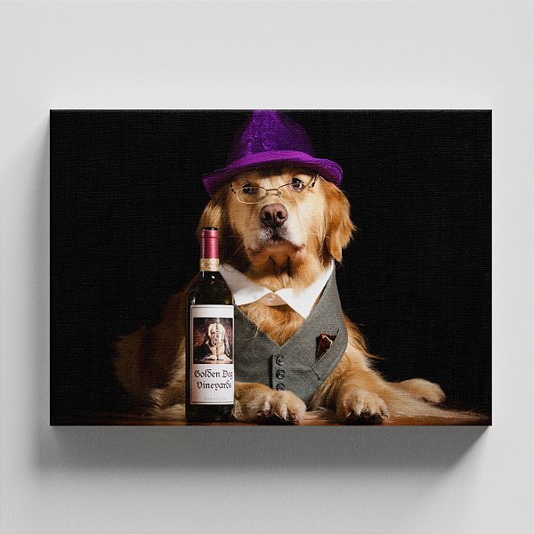 Quadro Canvas Cachorro e Vinho 30cmX45cm Borda Infinita CHASSI 2cm OUTLET