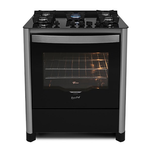 Fogão 5 bocas Fischer Gran Cheff  Inox Mesa Vidro Forno 110L - Bivolt