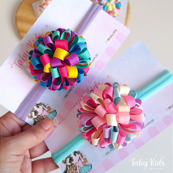 Laço 1 Pompom de Fita na Faixinha