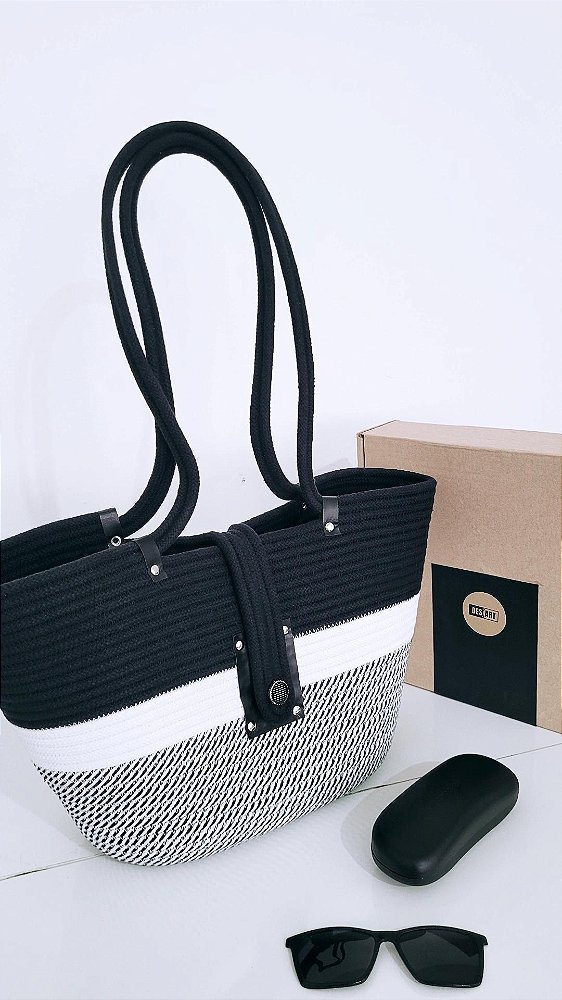 Bolsa em Corda de Algodão | IVONE TRICOLOR | Branca, Preta e Listrada
