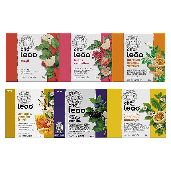 Combo Chá Leão Frutas e Flores 6 Caixas 75 Sachês Embalados Individualmente