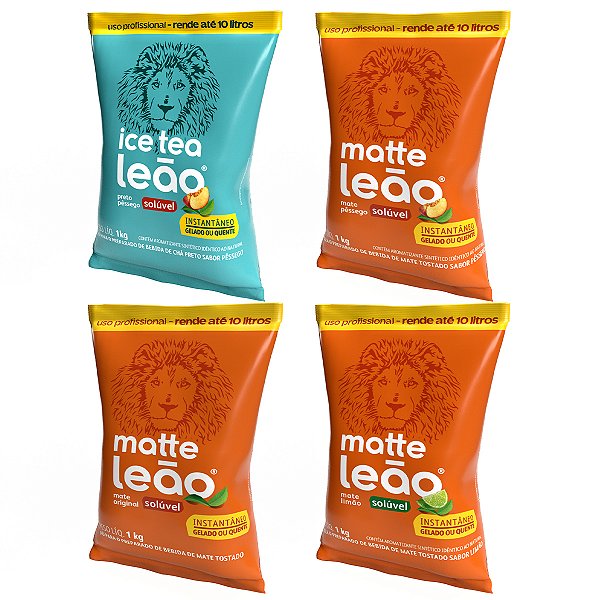 4kg Chás Solúveis Leão Com Açúcar (Chá Preto com Pêssego, Mate com Limão, Mate com Pêssego e Mate Natural)