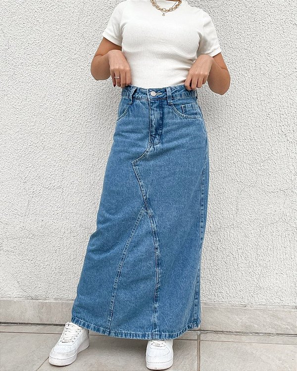 Saia Jeans Midi sem fenda