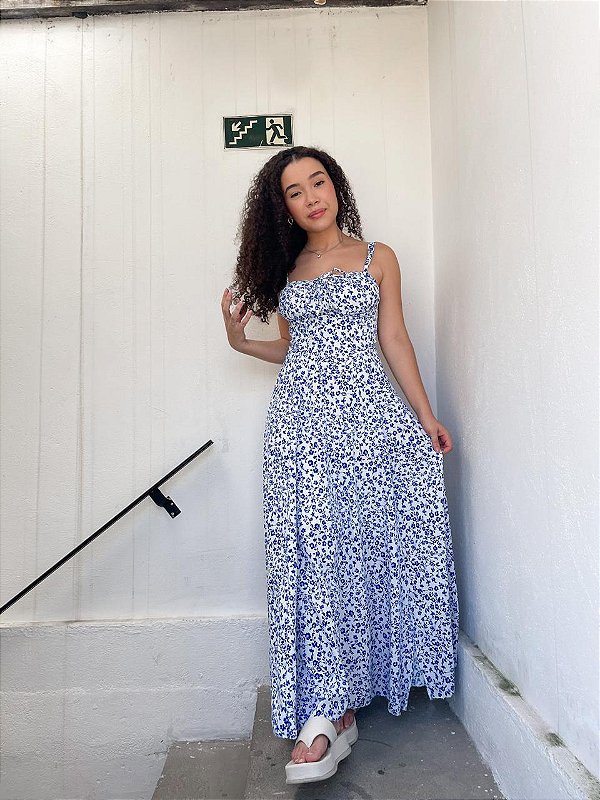 Vestido acinturado com amarração Talita longo flores #combo