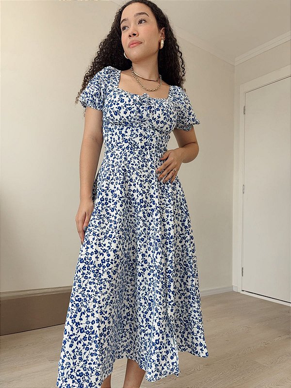 Vestido manga bufante acinturado com amarração Talita midi flores