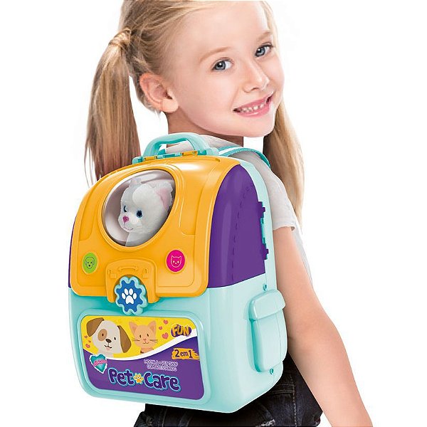 Mochila Pet Shop Care Playset 2 em 1 Adotados - Gatinho Branco - Fun