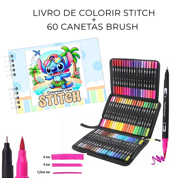 Kit Livro de Colorir Stitch e 60 canetas Brush 2 Pontas