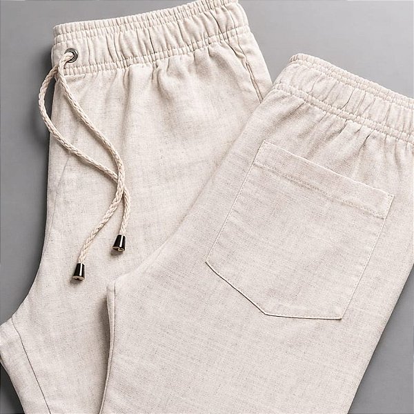 Calça Linho Natural Elegante Cadarço Regulador Cós Elástico