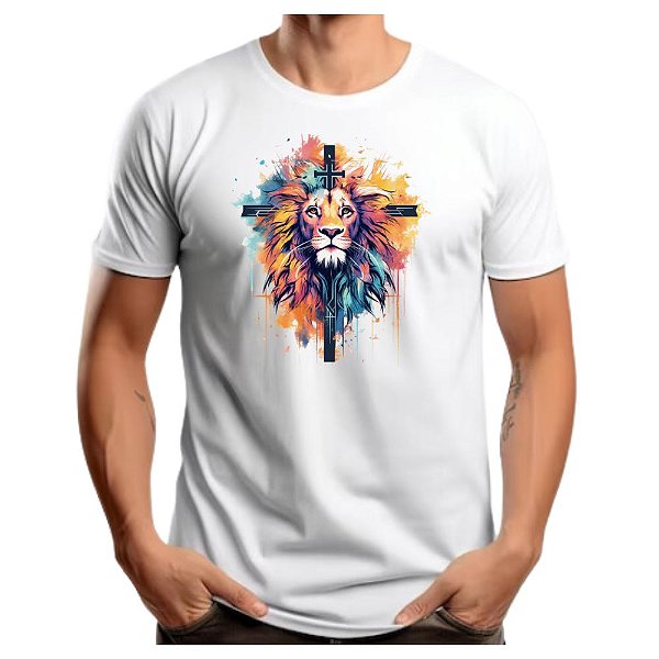 Camiseta Cristã Gospel Evangélica Leão Colorido Cruz Promoção