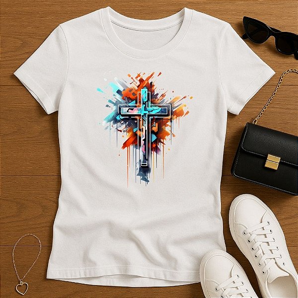 Baby Look Feminina Cristã Branca Cruz Tinta