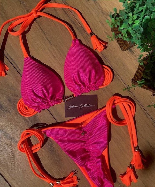 Biquíni Santorini  Rosa com Laranja Neon Empina Bumbum e Reversível