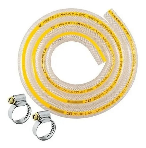 KIT MANGUEIRA AMARELA PARA GÁS PADRÃO ABNT (RESIDENCIAL) 1,25M + 02 ABRAÇADEIRAS