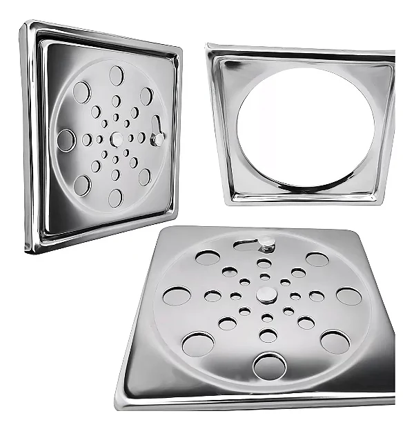 Ralo Tampa Grelha + suporte de instalação Quadrada 10x10 Com Fecho Rotativo Abre E Fecha Em Aço Inox (Com porta Grelha)