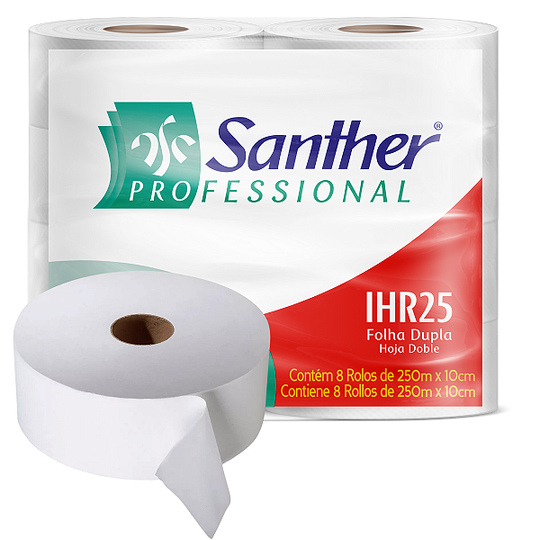 Papel Higiênico Rolão Folha Dupla Branco Macio Kit 8 Rolos 2000m - Santher Inovatta