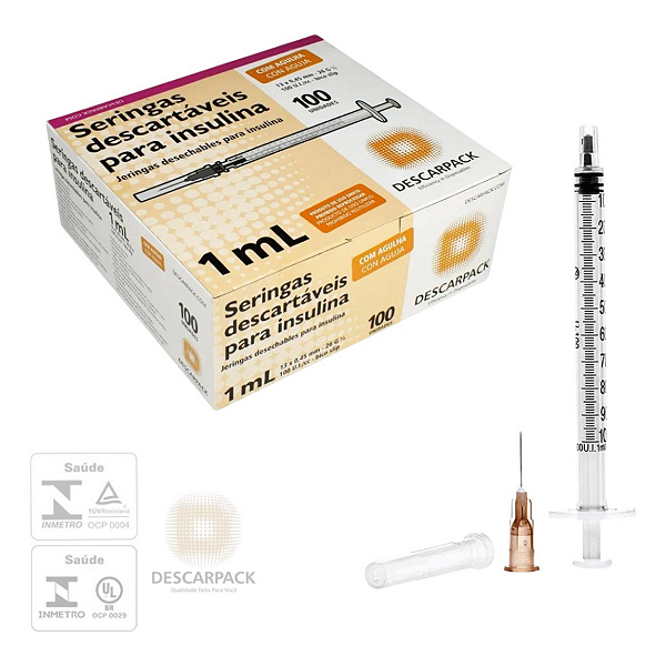 Seringa de Insulina 1ml com Agulha 13x0,45mm 26g Descarpack caixa com 100 Unidades