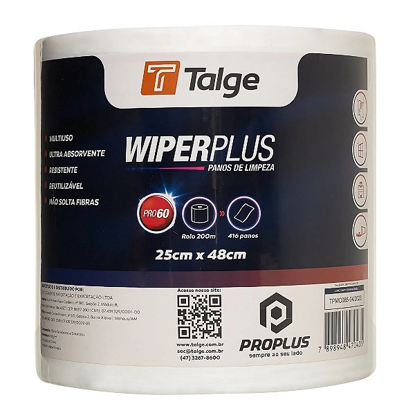 Pano De Limpeza Multiuso Wiper Plus 60 Talge 25x48cm Rolo c/ 200m de pano - 416 unidades