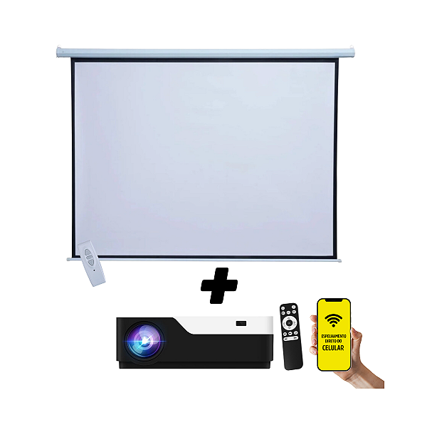 Kit Tela de Projeção Elétrica 84” 110V + Projetor Full HD 5000 Lumens