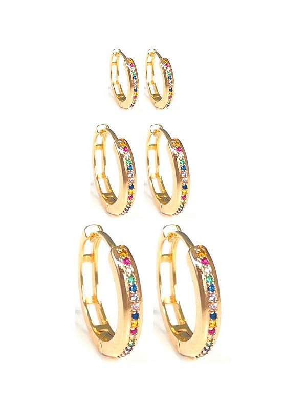 Kit de Brincos Argolinhas com Zircônia Coloridas Folheada a Ouro 18k