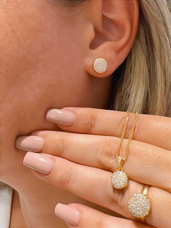 Conjunto Brinco e Colar Chuveirinho Cravejado de Zircônia Folheado a Ouro 18K