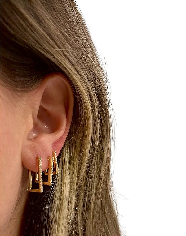 Brinco Trio de Argola Quadrada Folheada a Ouro 18K com Micro Zircônia