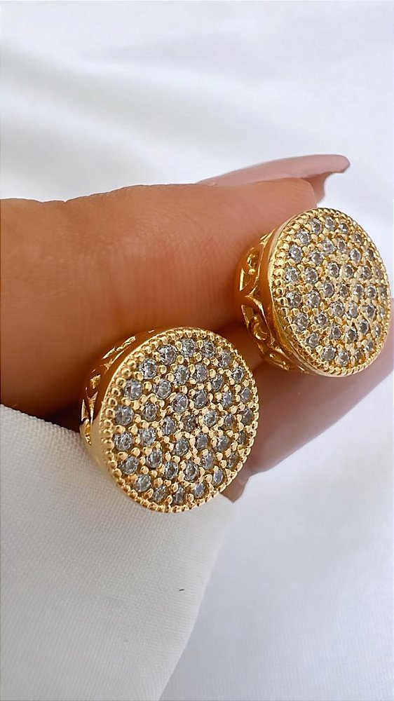 Brinco Chuveirinho Redondo Cravejado de Zircônia Folheado a Ouro 18K