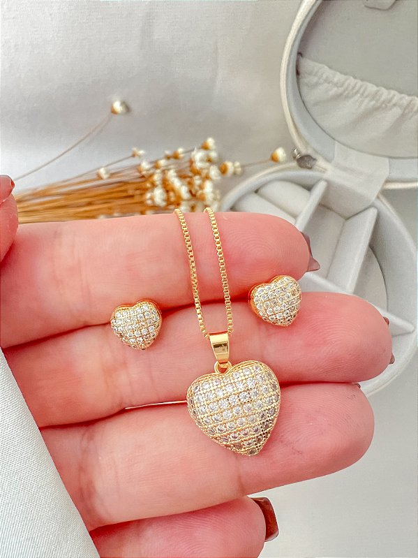 Conjunto Brinco e Colar Coração Zircônia
