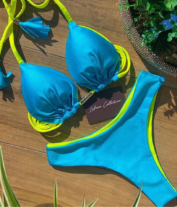 Biquíni Saint Tropez Asa Delta Reversível Azul com Amarelo Neon