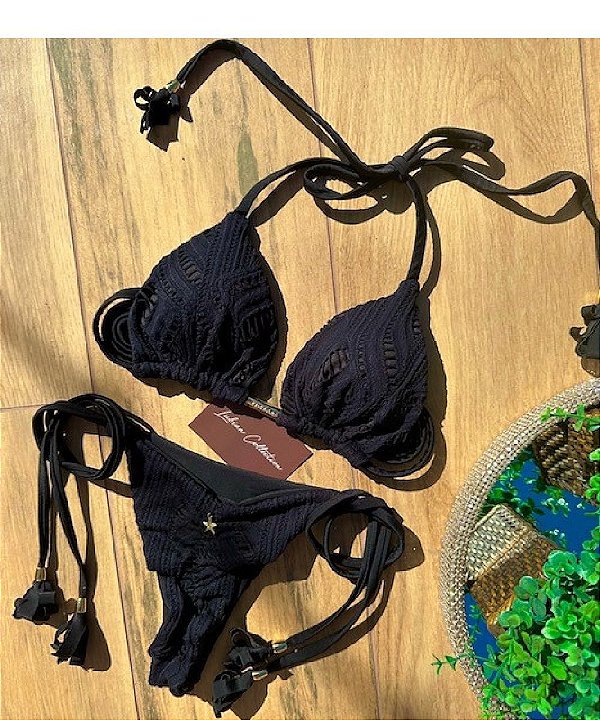 Biquíni Santorini Renda Preto Handmade Collection Reversível e Empina Bumbum