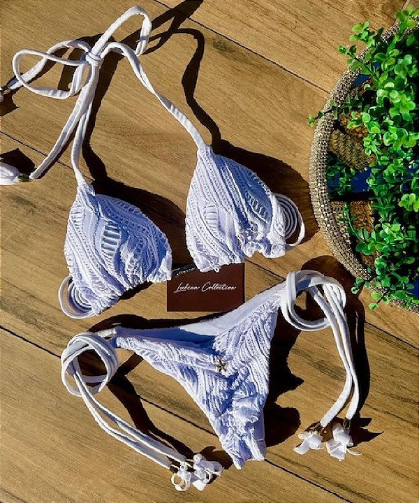 Biquíni Santorini Renda Branco Handmade Collection Reversível e Empina Bumbum