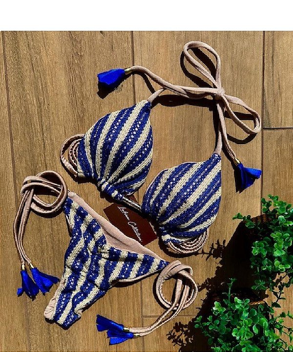 Biquíni Santorini Crochê Azul Royale Handmade Collection  Empina Bumbum