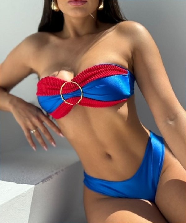 Biquíni Cancún Tomara que Caia Azul Royalle e Vermelho com Fivela