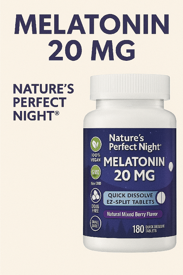 Nature's Perfect Night, suplemento de melatonina 20 mg, 180 comprimidos de dissolução rápida, sabor natural de frutas silvestre