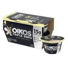 Oikos Triple Zero 15g de proteína, sem açúcar, sem gordura, baunilha, iogurte grego, 5,3 oz, 4 unidades