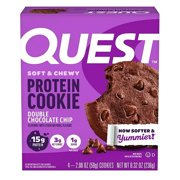 Cookie de Proteína Quest Soft & Chewy, Alta Proteína, Sabor Duplo Chocolate com Gotas, Caixa com 4 Unidades.