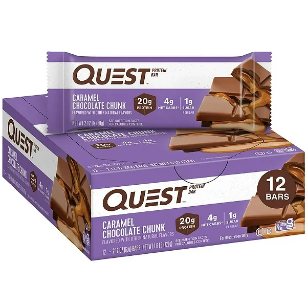 Barra de Proteína Quest, Sabor Caramelo com Pedacinhos de Chocolate, Aprovada para Dieta Keto, 20g de Proteína, Sem Glúten, Caixa com 12 Unidades