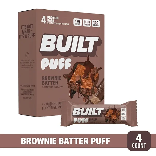 Barra de Proteína BUILT Puff, Sabor Massa de Brownie, 17g de Proteína, Colágeno, 140 Calorias, Caixa com 4 Unidades