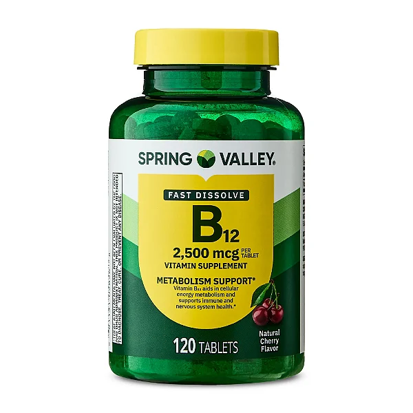 Vitamina B12 Spring Valley 2500 mcg Sabor Cereja – 120 Comprimidos de Dissolução Rápida
