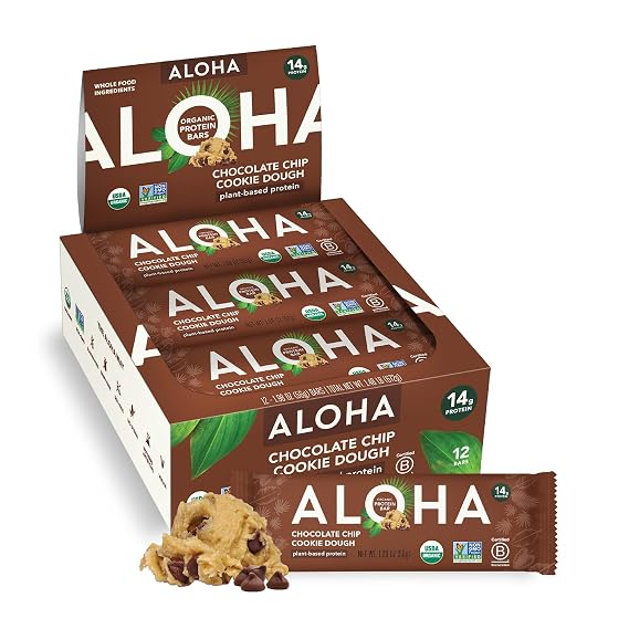 Aloha Barra de Proteína Orgânica Sabor Massa de Cookie com Gotas de Chocolate | 12g de Proteína | Caixa com 12 Unidades