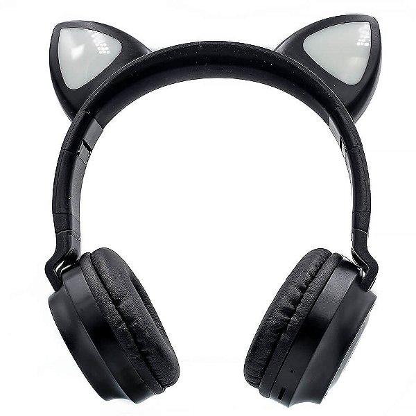 Fone de Ouvido Headphone Bluetooth Orelha de Gato LED Preto