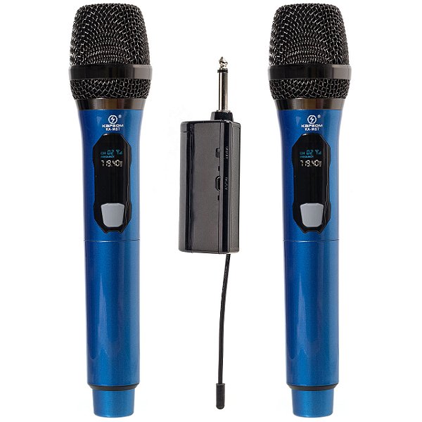 Microfone De Mão Sem Fio Duplo Recarregável Azul