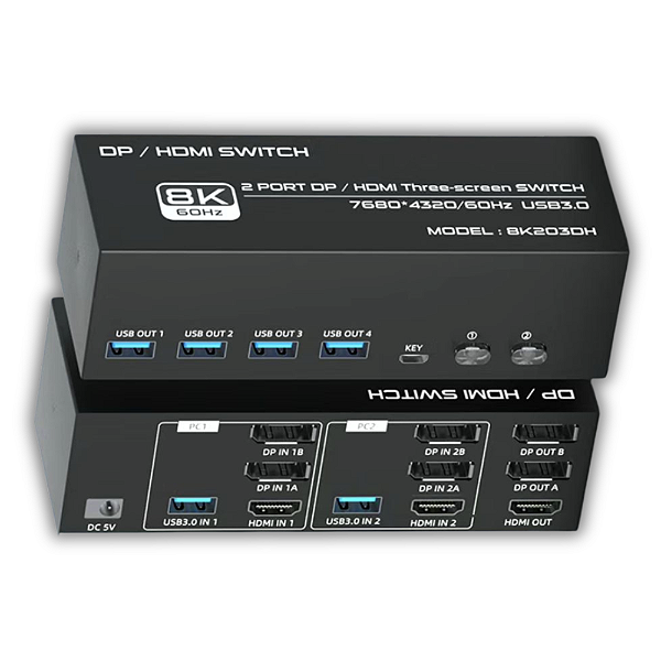 KVM Switch 2 Portas Para 3 telas DisplayPort e HDMI